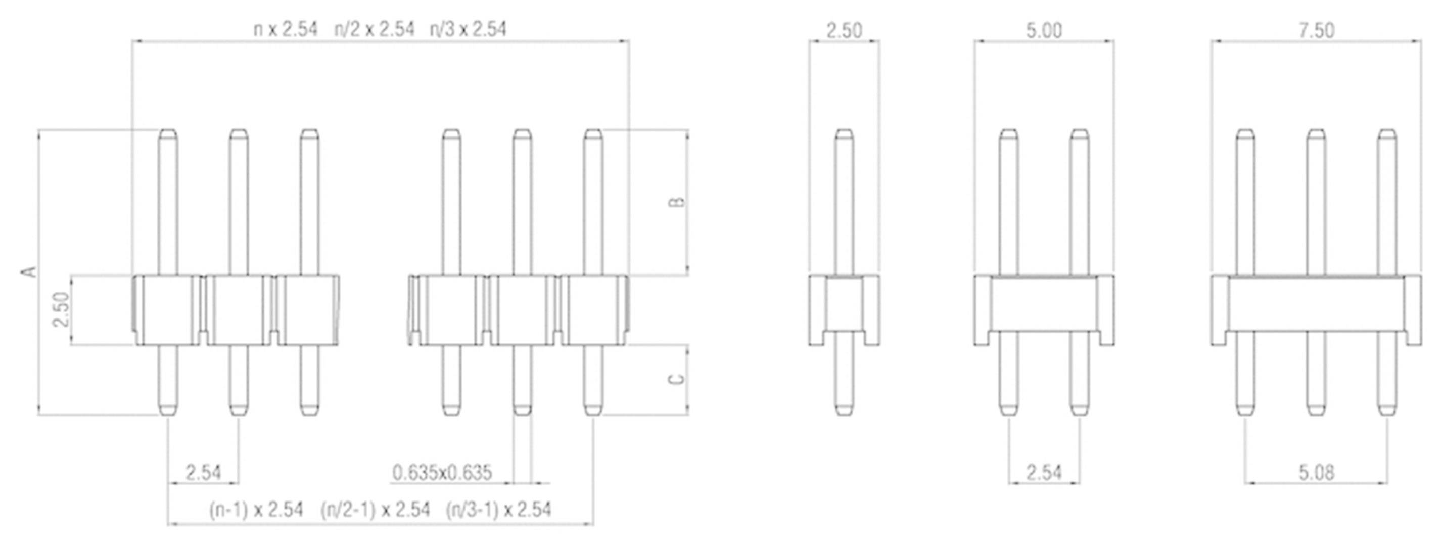 Technical drawing of a connector with dimensions. Shows the width, length, and number of pins. Dimensions in millimetres.
