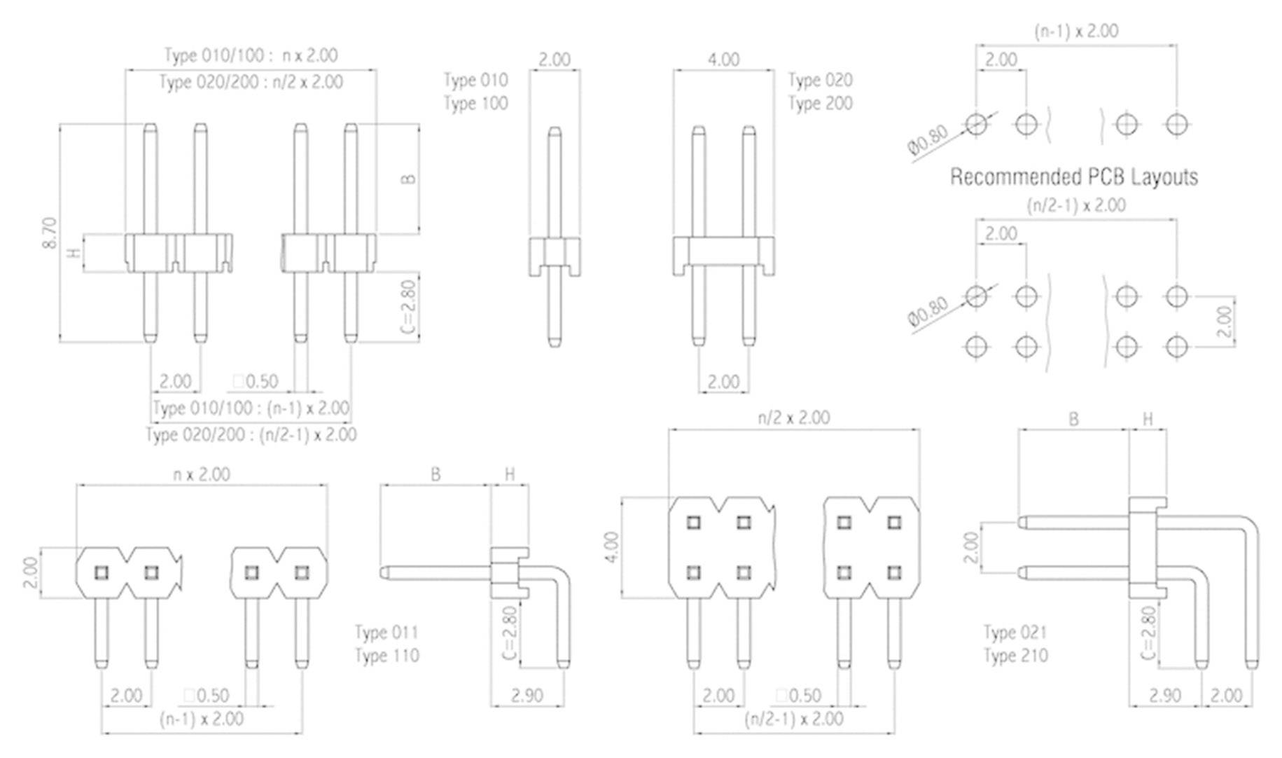 Technical drawing of connectors with dimensions in millimetres. Various types and recommended PCB layouts are shown.