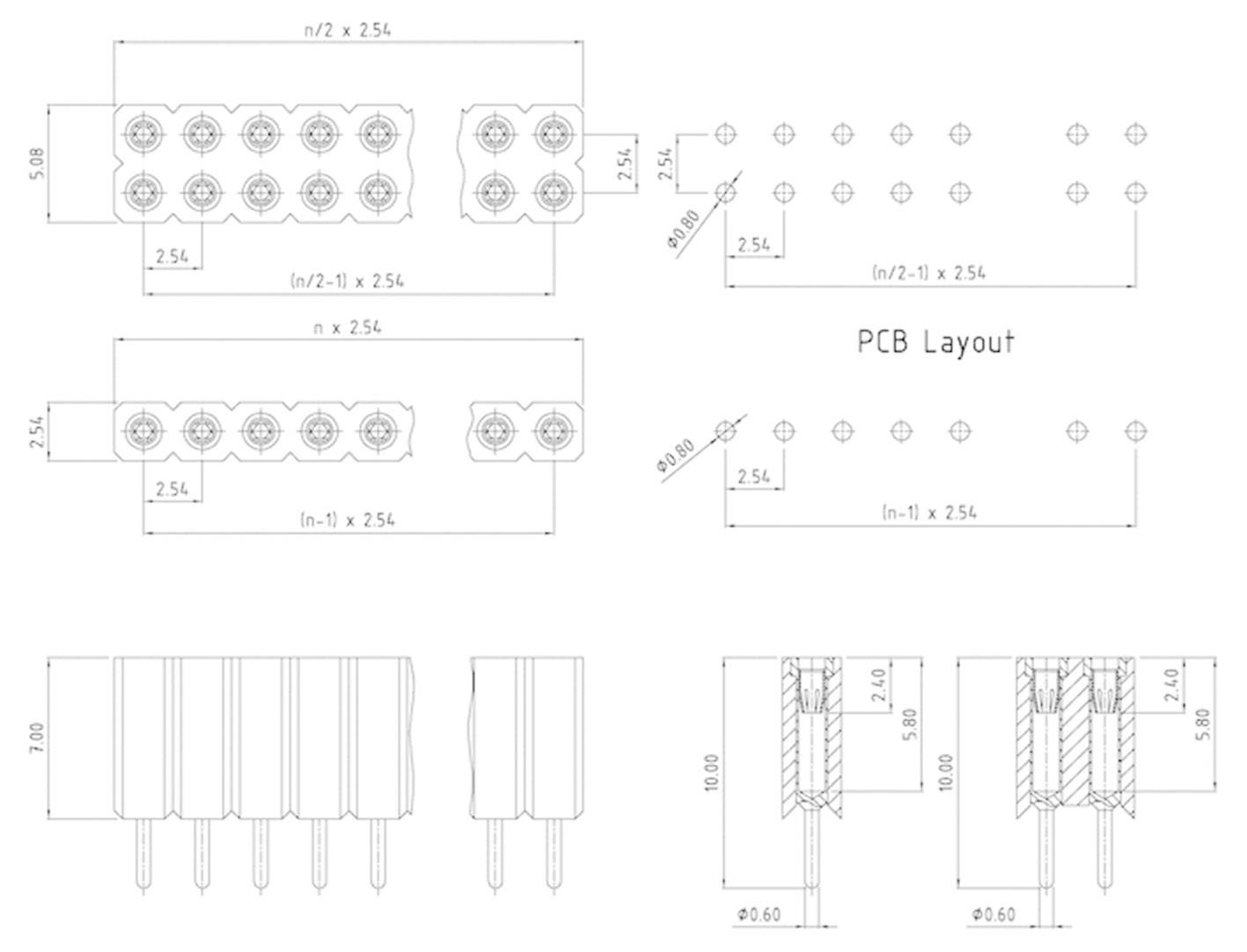 In this technical drawing, the dimensions, arrangement, and connections of pin headers on a printed circuit board are depicted.