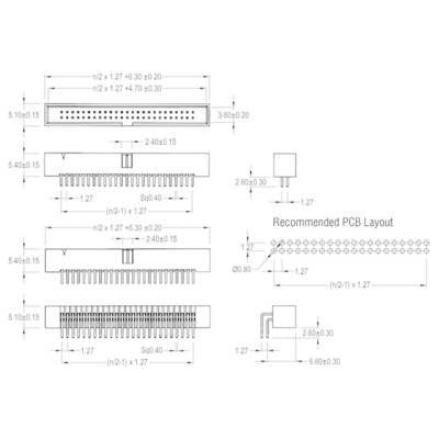 Construction drawing of a connector with dimensions. Shows row and pin assignments as well as the recommended printed circuit board layout.