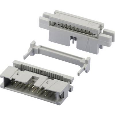 Grey plastic connectors, comprising two main components and additional fastening elements, reveal metal contacts.