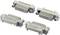 Four DVI plugs at various angles: Two showing the pin side, two showing the socket side. Identical in size and shape.