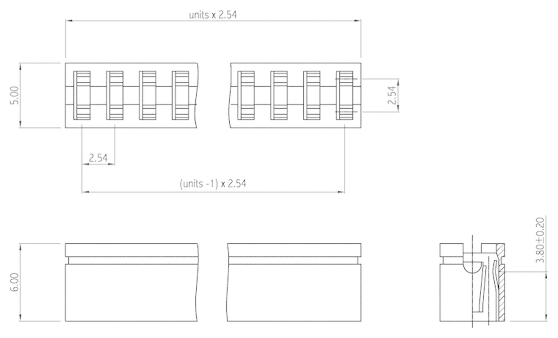Technical drawing of a connector with dimensions in units of 2.54 mm; shows front, side and cross-sectional views.