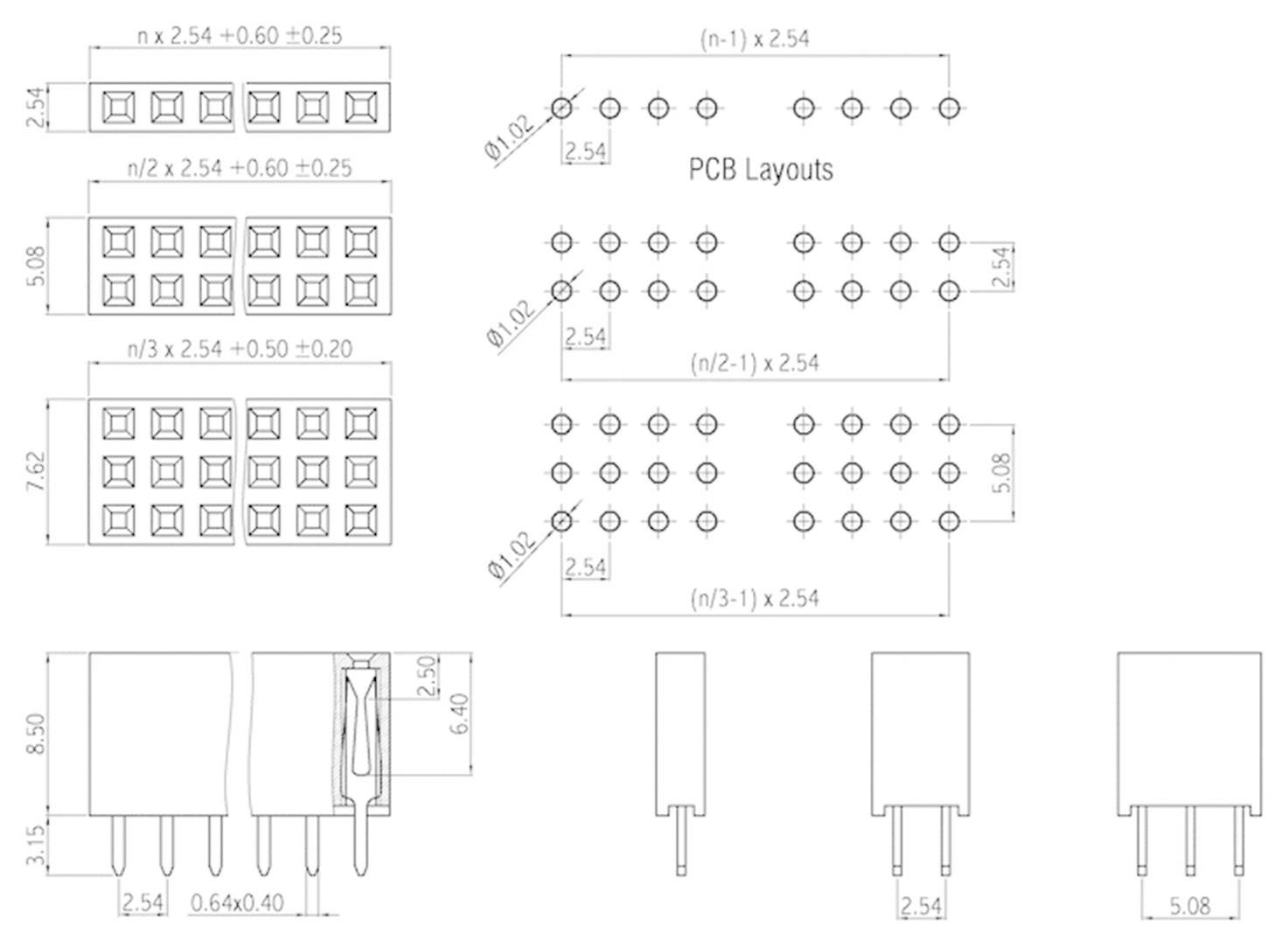 Technical drawing of a connector with dimensions and layouts for PCB design. Shows hole pattern and measurements in millimetres.