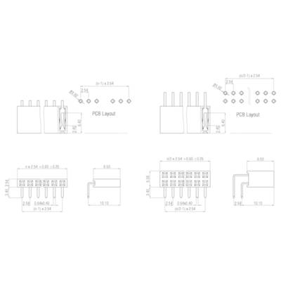 Connections and PCB Layouts for Electronic Components, with Detailed Dimensional Specifications in Millimetres for Mounting and Wiring.