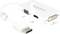 Adapter with a DisplayPort plug and sockets for VGA, HDMI and DVI 24+1 ports. White housing, compact design.