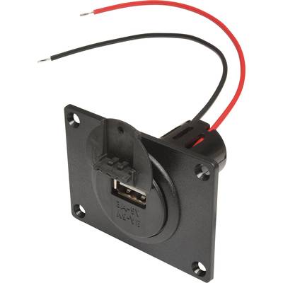 A black USB charging socket with two protruding cables, red and black, for power supply. Suitable for installation in devices.