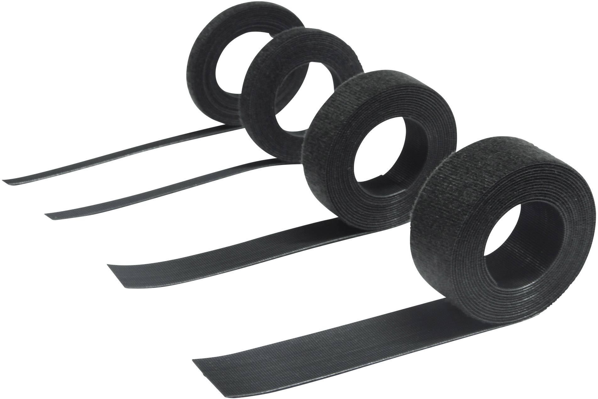 Four rolls of black hook-and-loop cable tape in different sizes, aligned side by side on a light background.