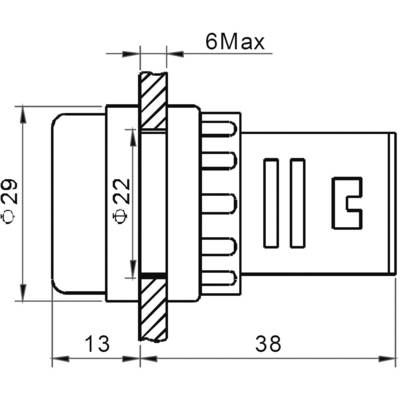 Dimensional drawing of a switch with diameter specifications of 29 mm and 22 mm. The depth is 38 mm; front plate 6 mm thick.
