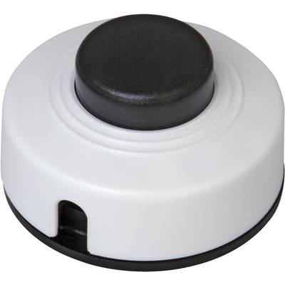 A round, white button with a black top, mounted on a flat base. Used for interactive devices.