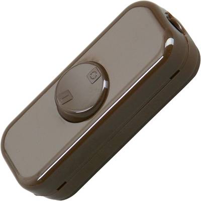 Top-down view of a brown, rectangular light switch with a toggle switch in the centre.