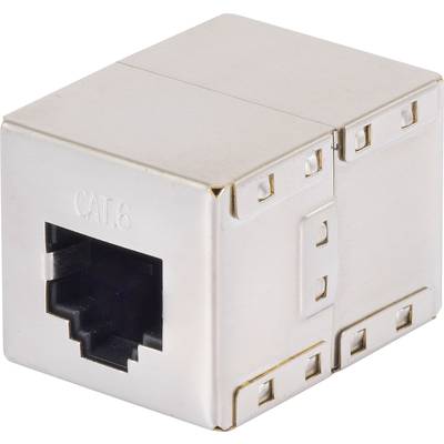 A silver CAT.6 network coupler for connecting Ethernet cables.