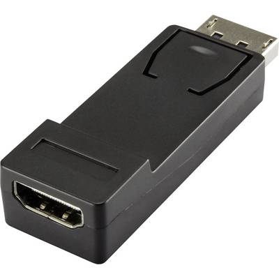 A black HDMI to DisplayPort adapter for connecting HDMI devices to a DisplayPort-compatible monitor.