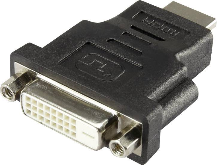 A black HDMI-to-DVI adapter. It has an interchangeable plug and is used to connect devices.