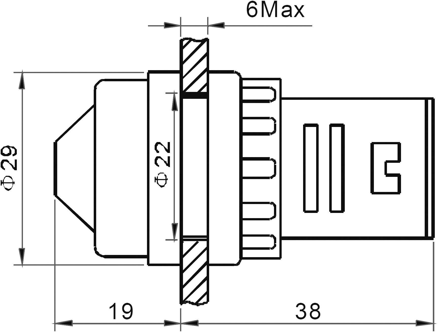Technical drawing of an electrical connector with dimensional specifications in millimetres: diameter 22 and 29, length 19 and 38.