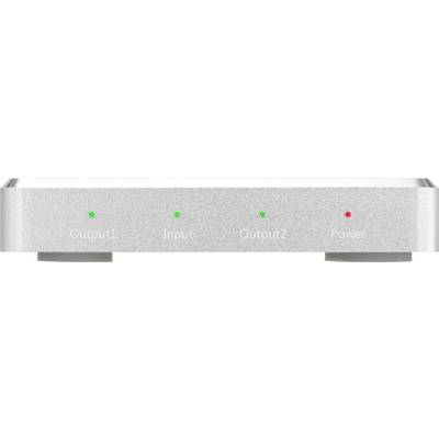 A silver device with four indicator lights: 'Output1', 'Input', 'Output2/4', 'Power'. The indicator lights are green and red.
