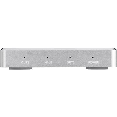 A silver, rectangular adapter with labels: 'OUT 1', 'INPUT', 'OUT 2', 'POWER'. Socket holes above each text.