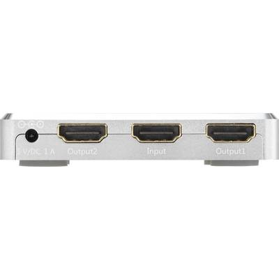 'Back of an HDMI splitter with three HDMI ports: two outputs (Output1 and Output2) and one input (Input), plus power connection.'