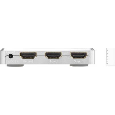A silver HDMI splitter with three HDMI ports: 'Output2', 'Input', 'Output1'. A DC port on the left, a ruler on the right.