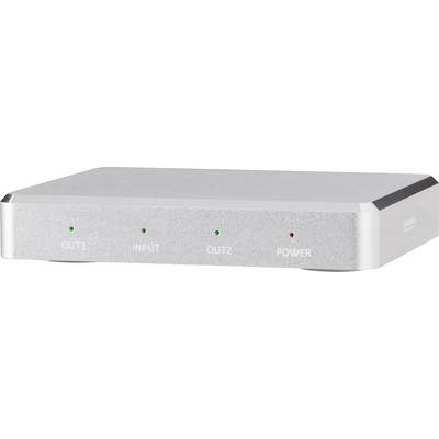 A silver audio converter with four LED indicators: OUT 1, INPUT, OUT 2, POWER. Displays the status of connections.
