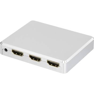 A silver HDMI splitter with two outputs and one input, suitable for distributing an HDMI signal to multiple devices.
