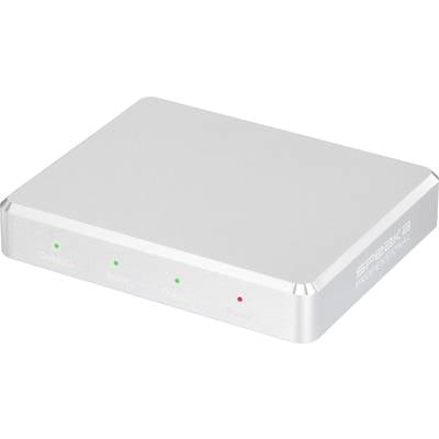 Silver HDMI splitter with four illuminated LED indicators on the front panel, displaying the status of inputs and power supply.