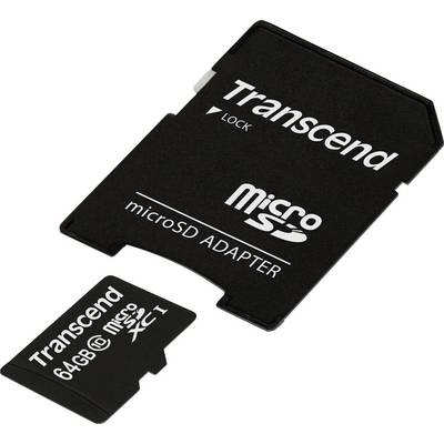 A Transcend microSD adapter next to a 64GB microSDXC card.