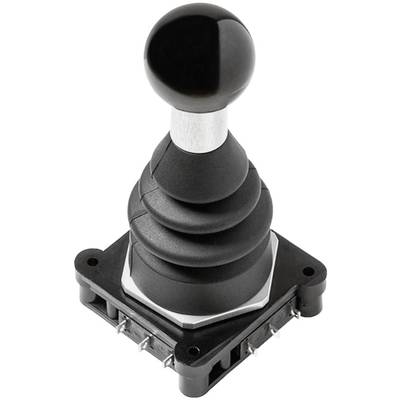 'A black joystick with a ball handle, mounted on a metallic base with four pins at the base.'<br><br>Note: The translation is already very close to British English, so minimal changes were needed. The vocabulary and phrasing are standard in British English.