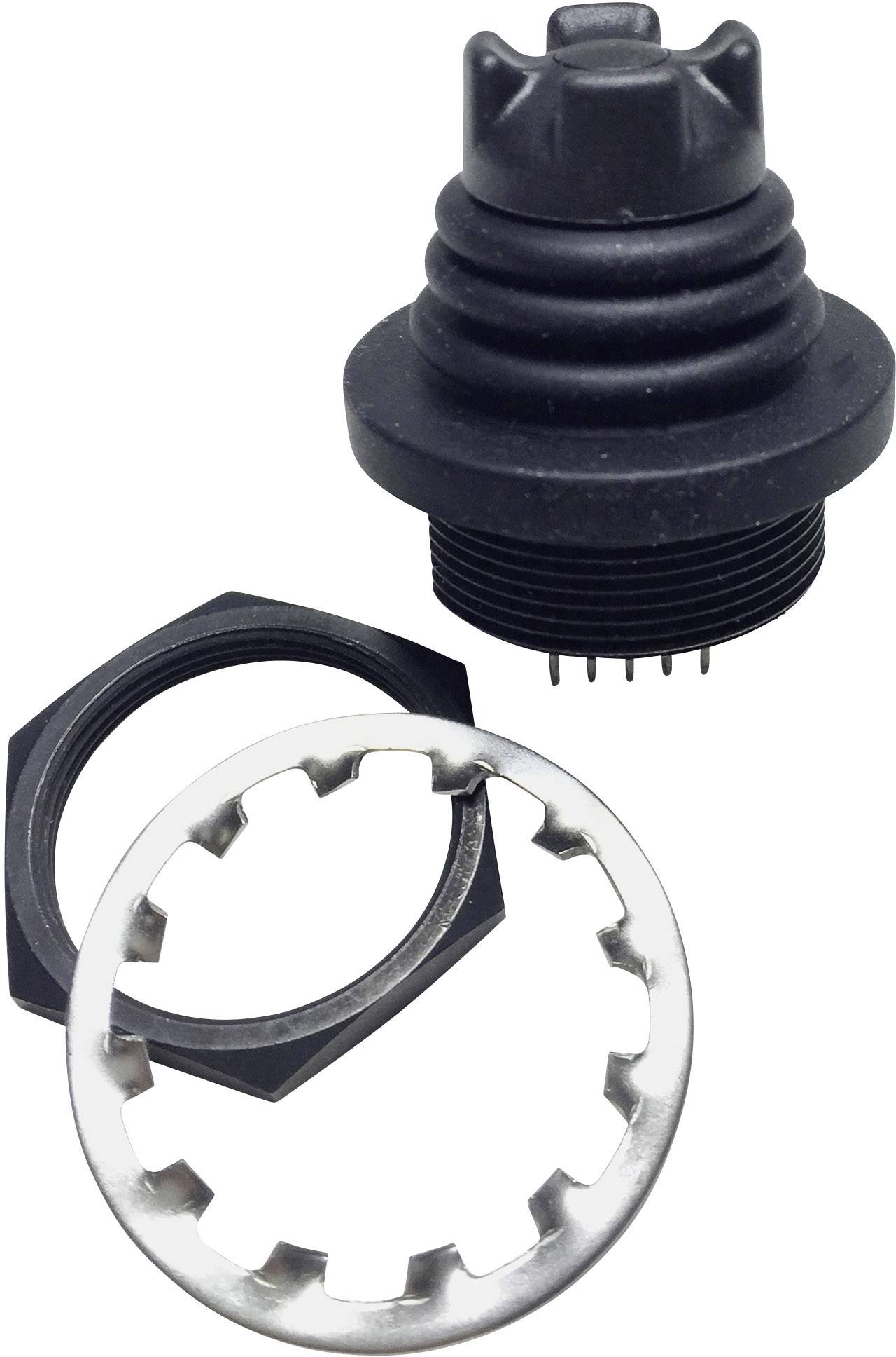 Black plastic threaded cap with two metal rings, likely for technical or industrial applications.