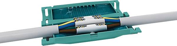 An opened green cable connection housing with visible coloured wires inside, used for connecting electrical cables.