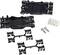 Black and white plastic components of a model construction kit, consisting of a base, connecting pieces, screws, and plug connectors.