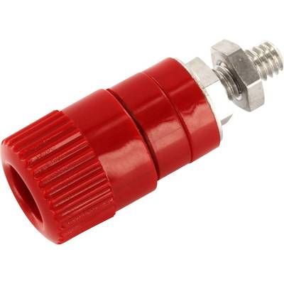 Red isolated banana plug with knurled sleeve and metallic screw connection, suitable for electrical connection.