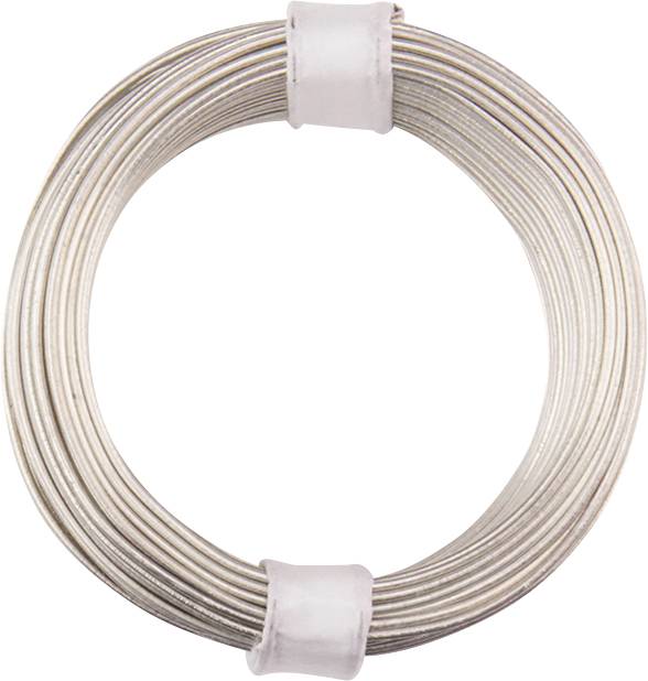 A silver metal wire is wound into a coil and held together by two white bands.
