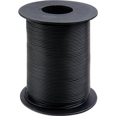 A large reel of black wire, placed on a table. Ideal for electrical installations or craft work.