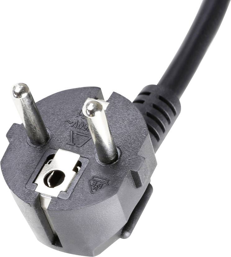 Black Schuko plug with two metal pins and an earth contact, suitable for European power sockets.