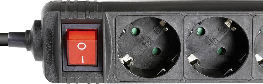 Black power strip with three Schuko socket outlets and a red power switch on the left side.