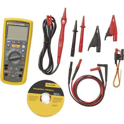 A multimeter set with a digital multimeter, cables, crocodile clips, test leads, and a software CD.