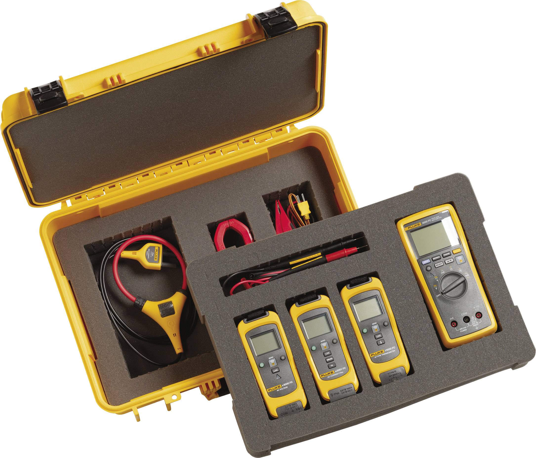 'Tool case with digital multimeters and accessories in foam insert.'