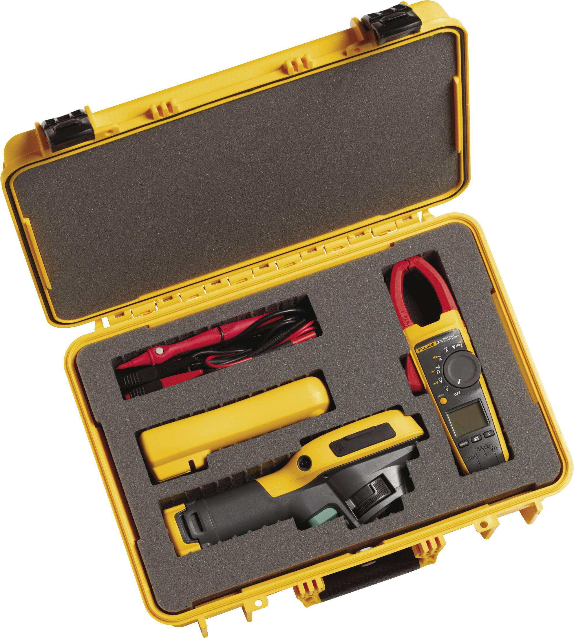A yellow toolbox with an electrical testing device, cables, and measuring accessories, secured with foam-like padding for safe transportation.