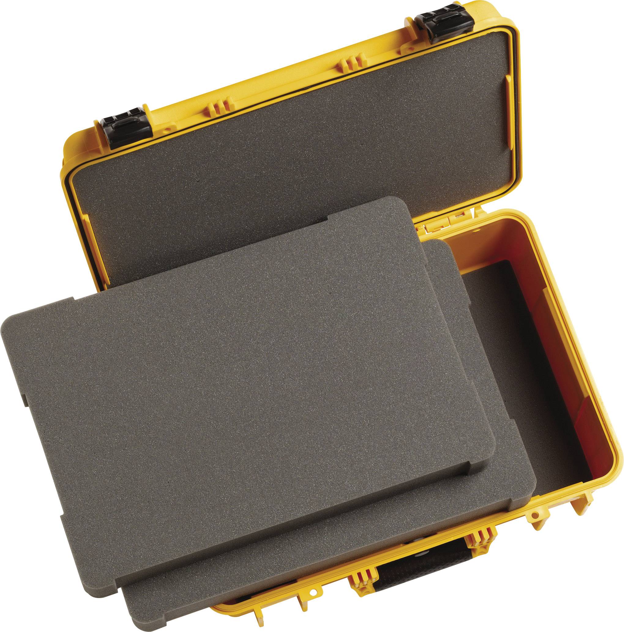 Yellow, open protective case with black foam lining, suitable for the safe transportation of delicate items.