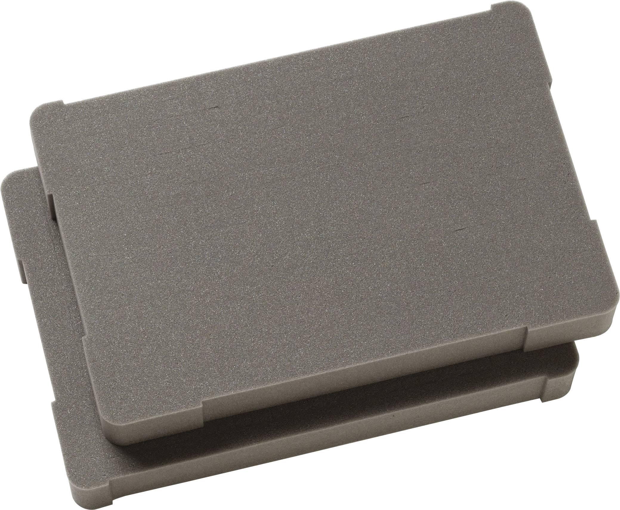 Two grey plastic enclosures, stacked one on top of the other. They are rectangular and flat, typically used for storing electronic components.