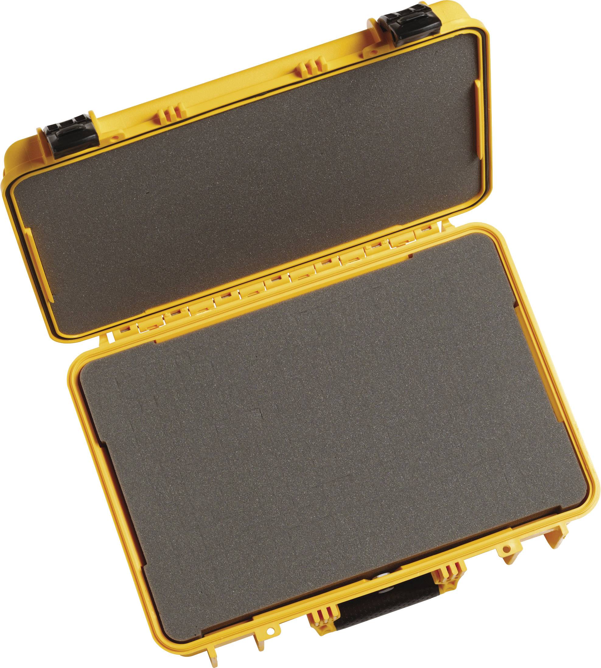 A yellow, open hard-shell case with foam lining, designed to transport delicate equipment safely.