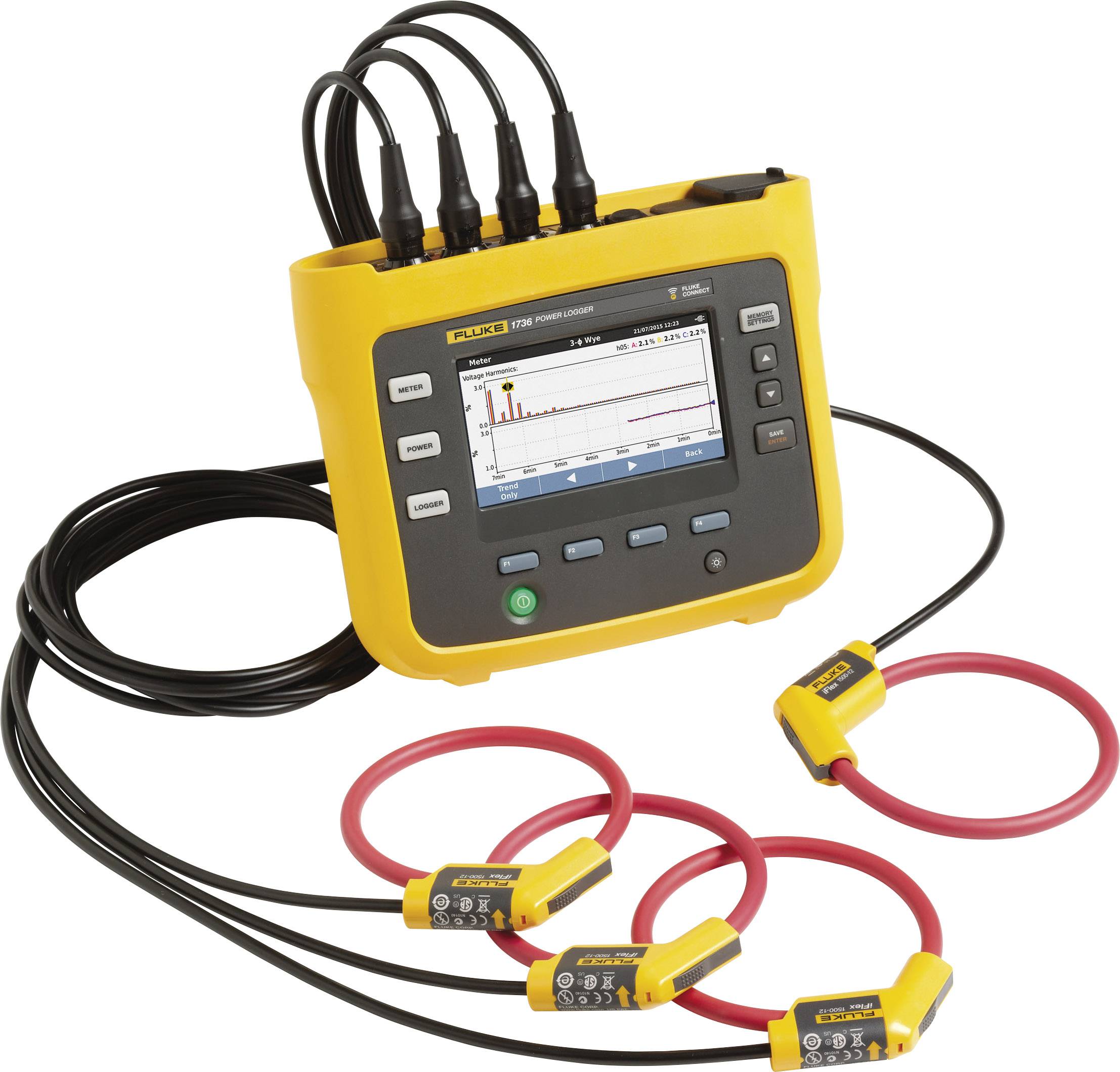 A yellow portable measuring device with a display shows graphical data. It has connections and cables for measuring electrical parameters.