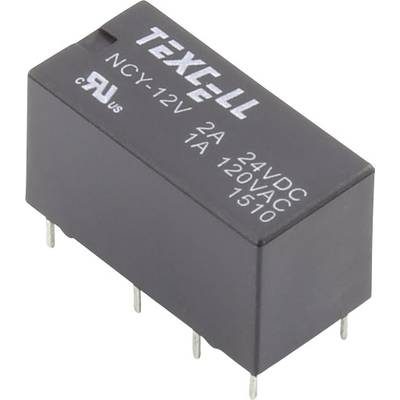 A black relay with the inscription 'T9XELL NC-Y-12V, 2A 24VDC, 2A 120VAC, 1A 1510'. Several metal pins on the underside.