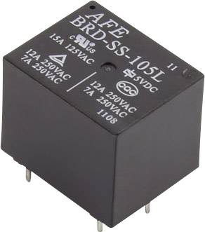 A black relay with the inscription 'AFE BRD-SS-105L'. Voltage: 5VDC. Current rating: 15A at 125VAC, 12A/7A at 250VAC.