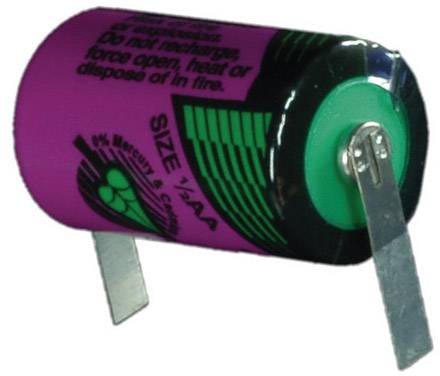 Lilac battery with green end and two metal contacts. Printed with 'SIZE 1/2AA'. Text warns against improper disposal.