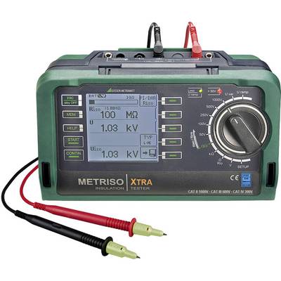 Electronic insulation testing device with two connected test probes, display showing measurement values of 100 MΩ and 1.03 kV.