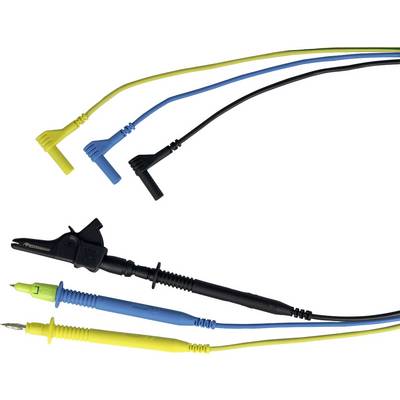 Three coloured measuring leads (yellow, blue, black) with crocodile clips and probes, used for electrical measurements.