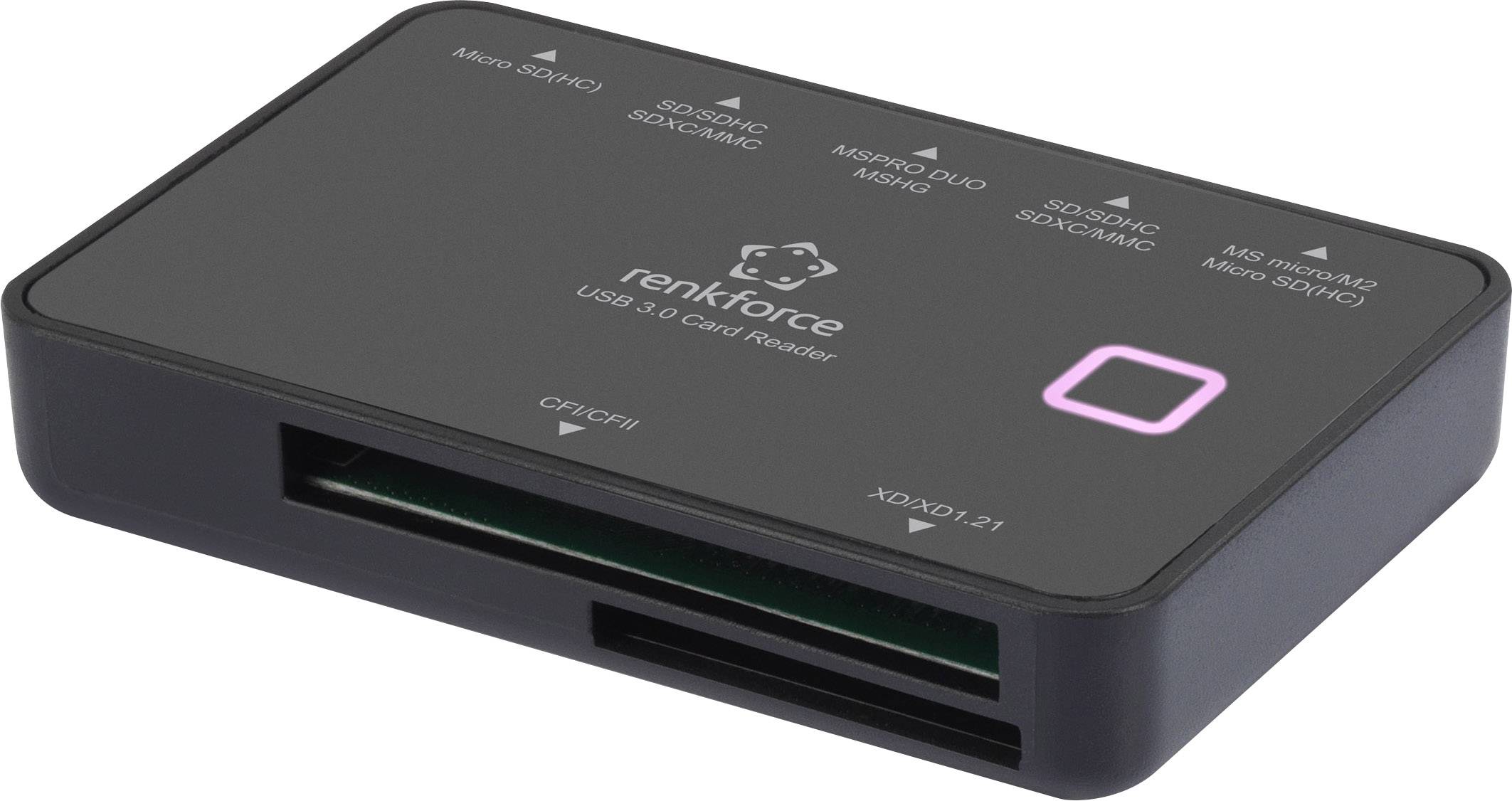 'Renkforce USB 3.0 Card Reader with Multiple Card Slots. Supports Micro SD, SD, MS Duo and more. Black, compact design.'