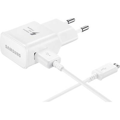 A white Samsung charger with EU plug and an attached USB cable with a micro-USB connector is lying on a white surface.